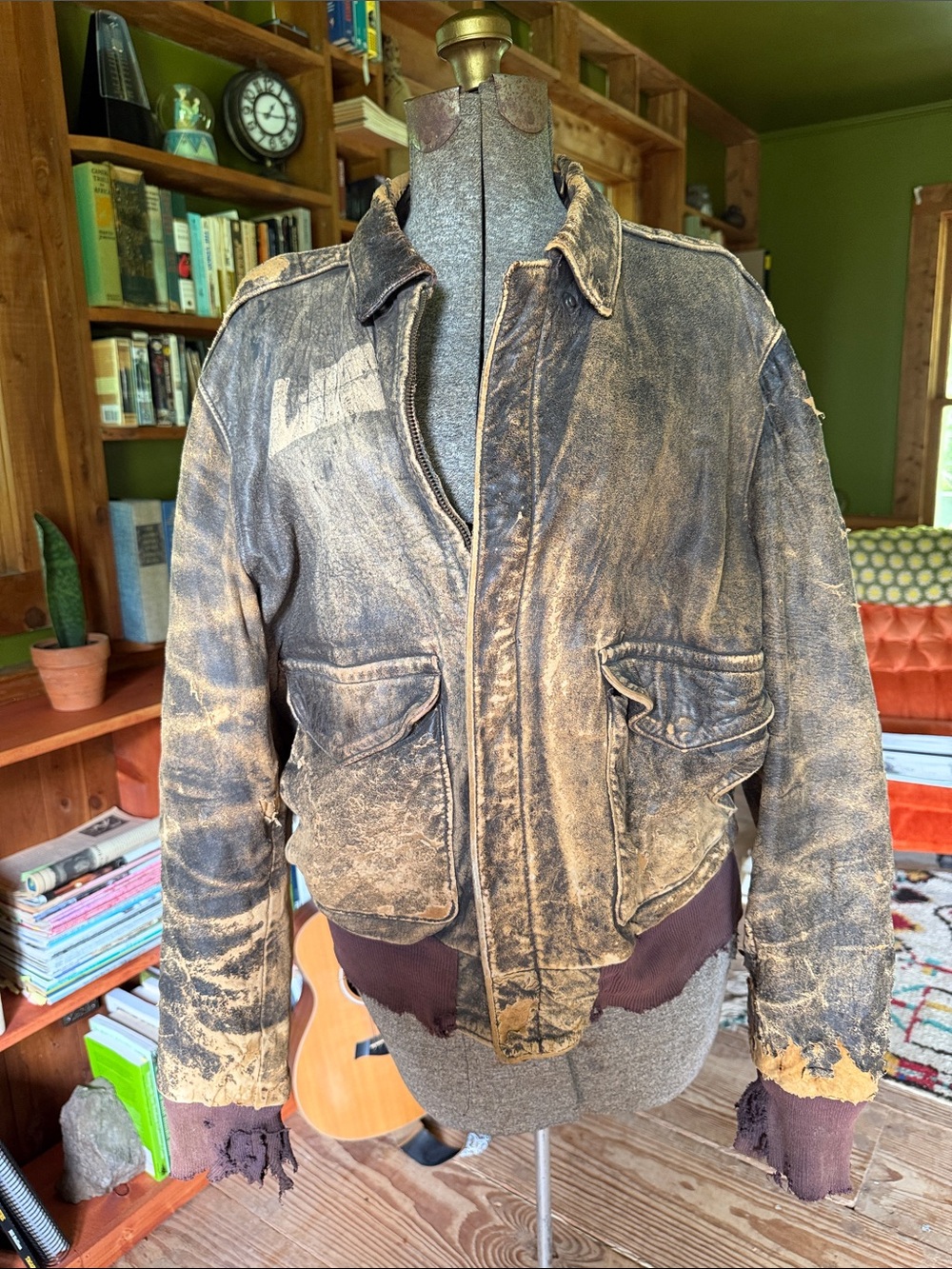 Distressed Brown Bomber Jacket - Vintage Style